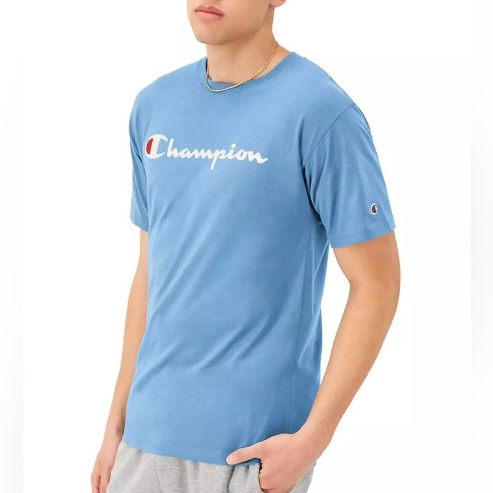 Like New Champion Men's Script Logo Light Blue w White T-Shirt, Size Medium.